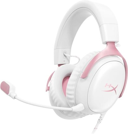 HyperX Cloud III – Wired Gaming Headset, PC, PS5, Xbox Series X|S, Angled 53mm Drivers, DTS, Memory Foam, Durable Frame, Ultra-Clear 10mm Mic, USB-C, USB-A, 3.5mm – Pink&white