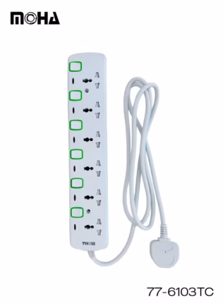 MOHA 6-Way Socket Power Extension With Individual Switch White 2meter