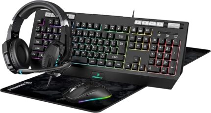 DEADSKULL C880 4-in-1 Gaming Combo Set, RGB Keyboard with Backlight Control, Gaming Mouse, LED Headset and XL Mouse Pad, Black